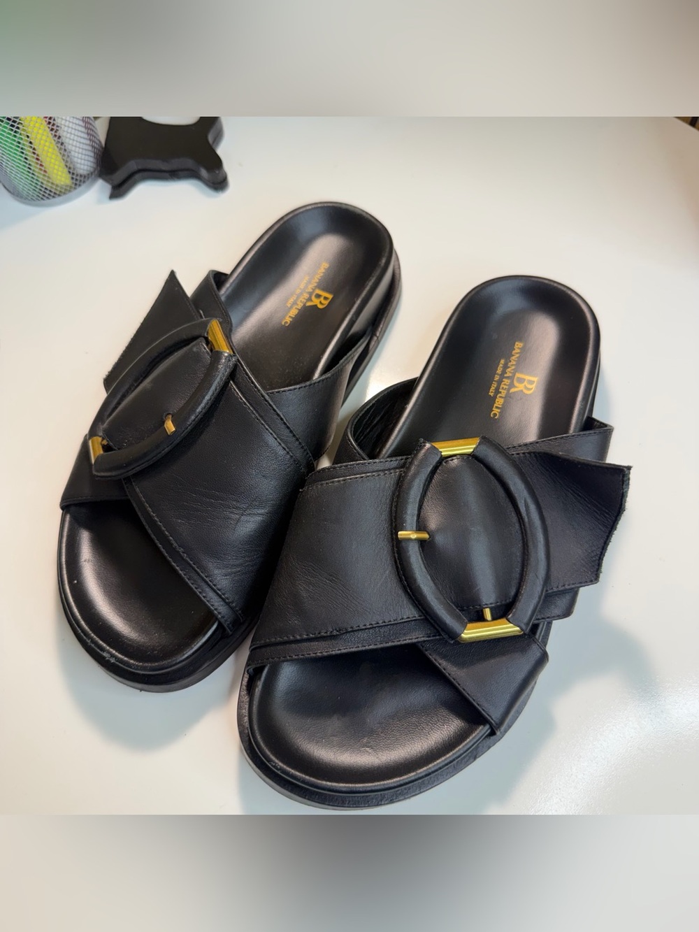 Banana Republic Black Leather Slide Mules with Gold Accent